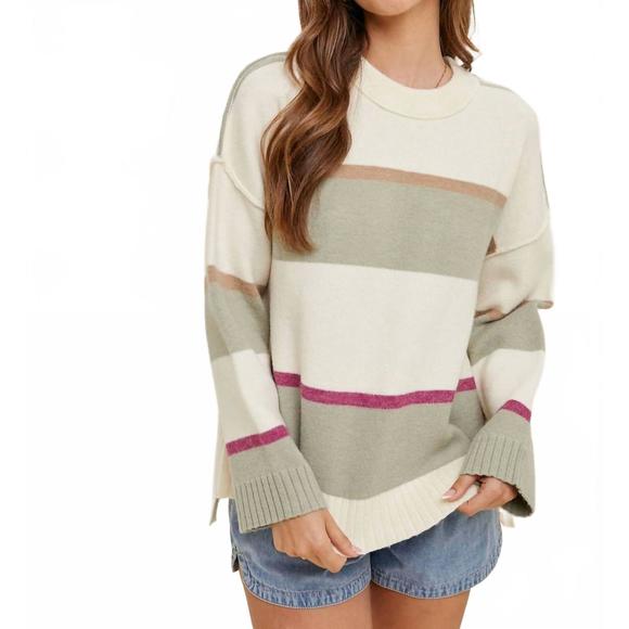 NEW WISHLIST high low multicolor striped sweater in cream/sage - Picture 1 of 4